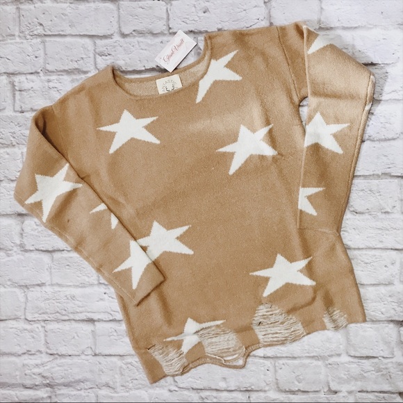 *1 DAY SALE* Beige Distressed Sweater with Stars - Picture 2 of 2